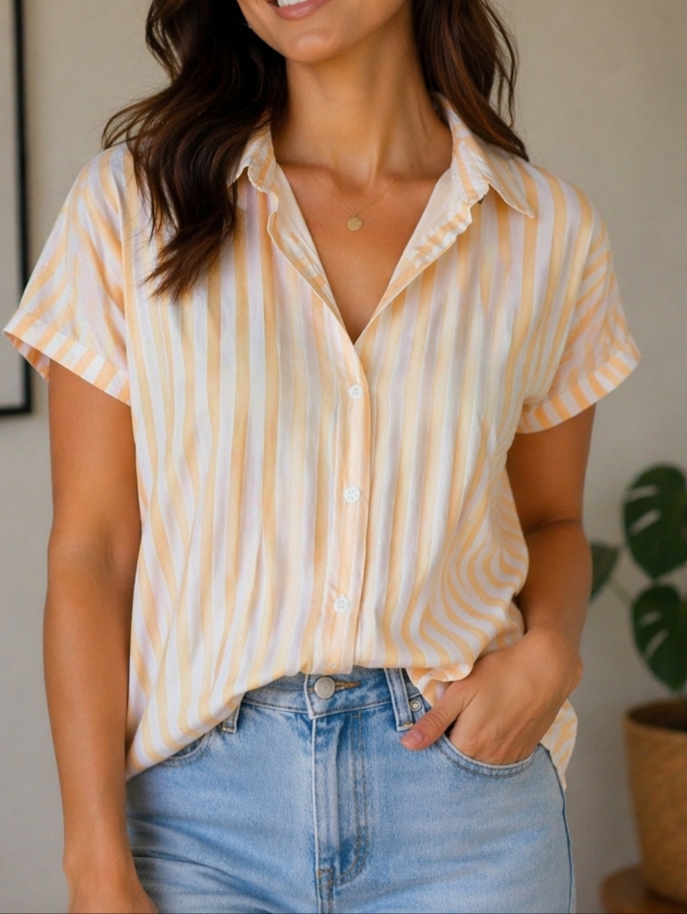 Jane & Delancey 100% Rayon Peach Stripe Button Down Blouse Ruffle Trim Boho Chic
